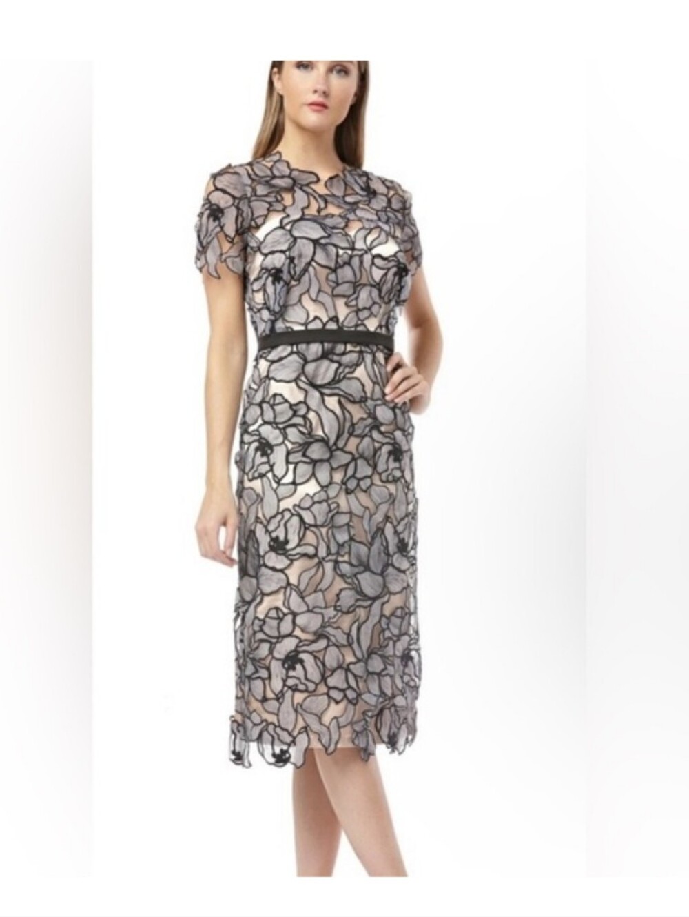 NWT JC Collection Lazer Cut Flower Embroidery Midi Navy Blue Dress